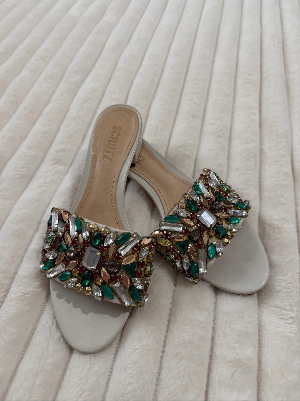 SCHUTZ White Jeweled Slide Mules with Emerald and Gold Accents